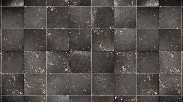 Abstract dark charcoal gray distressed tile pattern background, mottled texture with pinkish white speckles, a seamless loop video background