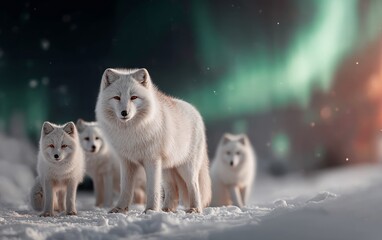 Fototapeta premium Arctic white fox family standing on snow under northern lights night sky