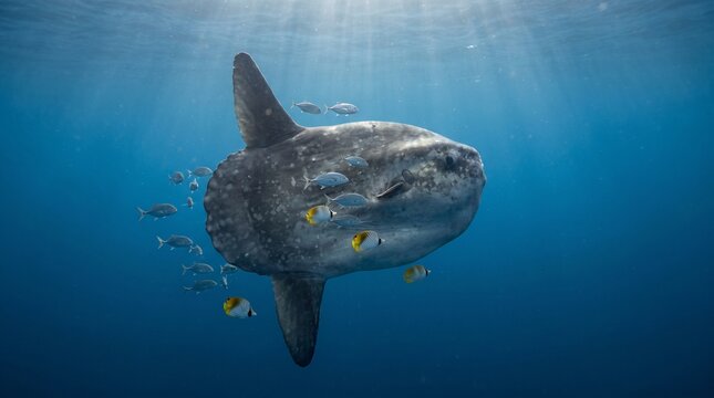 Ocean sunfish swimming with small fish in clear blue water