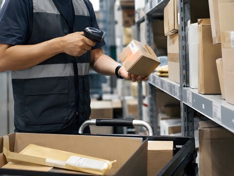 Picker Packer Scanning Product in E-commerce Warehouse
