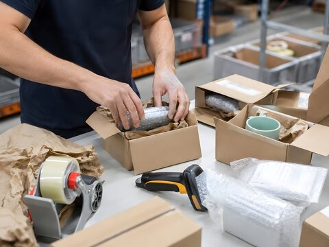 Picker Packer Preparing Multiple E-commerce Orders
