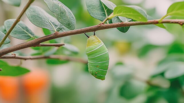 Green chrysalis hanging from branch with fresh green leaves in nature