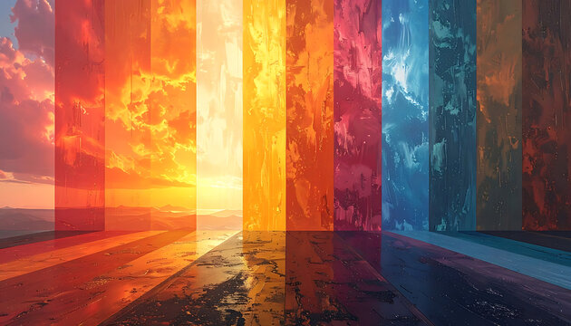 Vivid Vertical Light Bars Casting Sunset Glow Across A Sandy Beach At Dusk