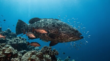 Fototapeta premium Giant grouper swimming with fish over coral reef in clear ocean water
