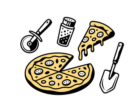 Pizza party set with pizza cutter, shaker, slice, and server