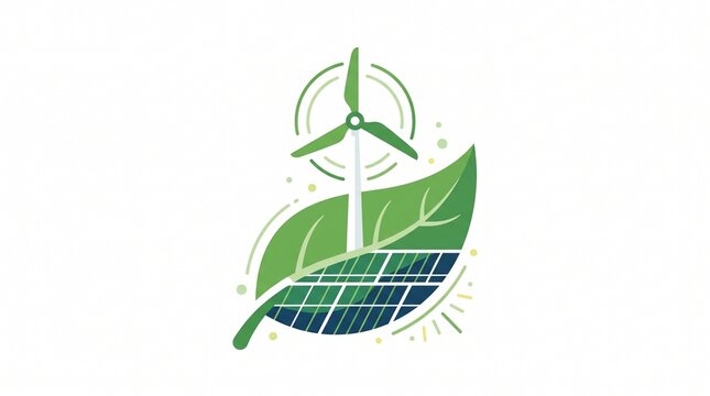 Renewable energy symbol featuring a wind turbine and solar panels integrated into a green leaf