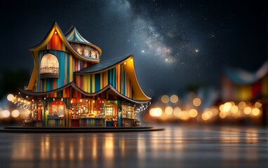 Fototapeta premium Colorful whimsical house with striped walls under starry night sky and bokeh lights