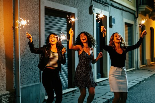Three cheerful women dance on street at night holding burning sparklers in hands. Happy female friends celebrate event laughing loudly waving firework sticks outdoors. Active girls enjoy social party