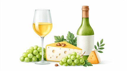 Obraz premium White wine and cheese with grapes and hazelnuts on white background