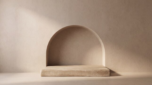 Blank rectangular pedestal with arch niche in beige stucco wall background