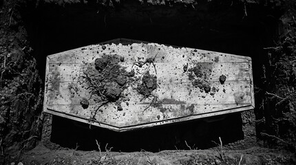 Fototapeta premium Wooden Coffin in an Open Grave with Scattered Soil Black and White