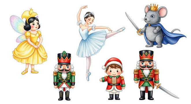 detailed watercolor illustration of the sugar plum fairy in yellow and ballerina in blue, posed with soldiers and mouse king on a transparent background. concept of whimsical nutcracker ballet fantasy