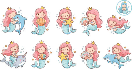 Cute Kawaii Mermaid Princess Vector Collection with Pink Hair, Dolphins, Narwhals, Sea Stars, and Shells for Children Book Illustrations, Stickers, and Birthday Party Graphic Designs © khadija