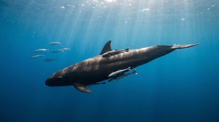 Fototapeta premium Pilot whale swimming in clear blue ocean with sun rays