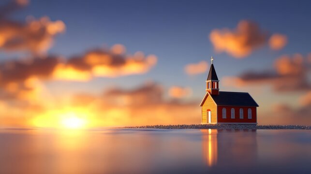 Small wooden church with steeple and cross by water at golden sunset
