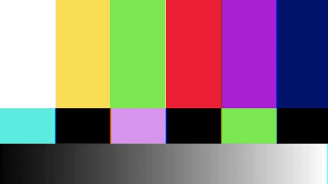 Standard broadcast color bar test pattern for television display calibration and signal diagnostics. Essential visual for screen quality and technical readiness