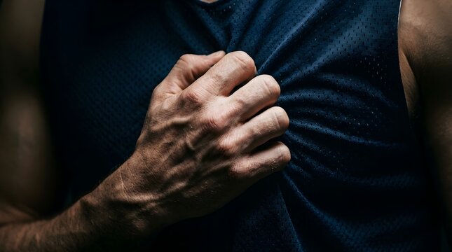 Close-up of a man clutching his chest in pain, representing a heart attack
