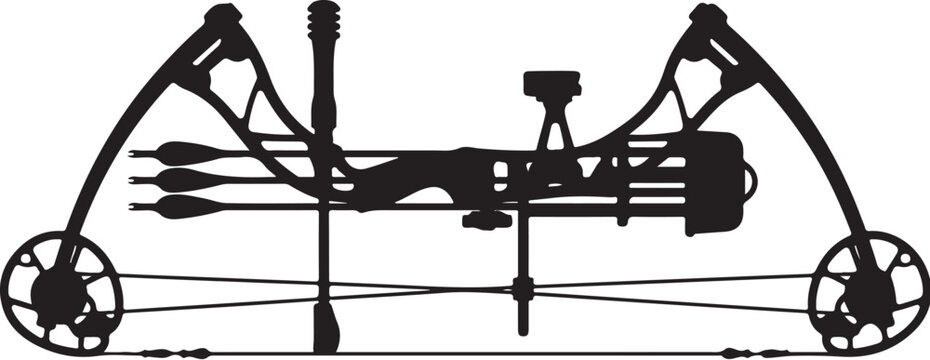 Black compound bow, archery equipment, hunting gear, bow and arrows, vector illustration