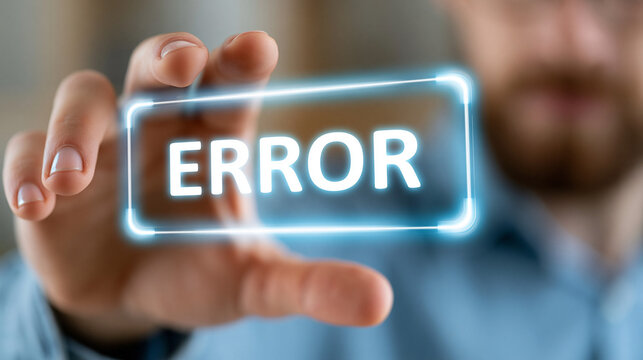 Man touching virtual display showing error message in modern office  