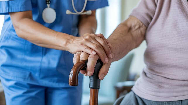 Nurse helping elderly patient walking with a cane in hospital