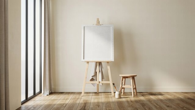 A blank canvas on an easel in a bright room with wooden floor and stool, ready for art