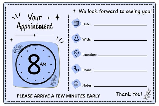 8 AM Light Blue Appointment Reminder Card Template with Clock, Appointment Booking, Medical Appointment, Dental Appointment, Salon Appointment, Printable Appointment Schedule, Editable Business Remind