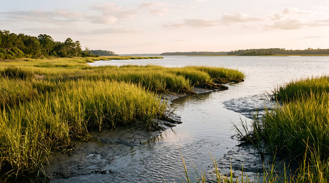 Healthy coastal wetland demonstrating natural shoreline protection, ecosystem restoration, and climate resilience for environmental projects.