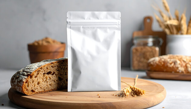 Blank resealable pouch bag for food packaging next to a sliced loaf of artisanal bread on a wooden board