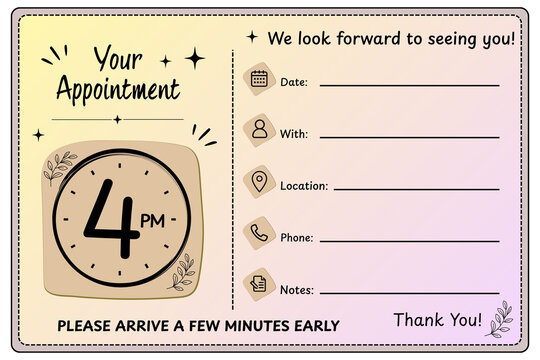 4 PM Pastel Appointment Reminder Card Template with Clock, Appointment Booking, Medical Appointment, Dental Appointment, Salon Appointment, Printable Appointment Schedule, Editable Business Reminder C