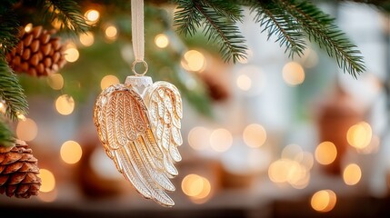 Fototapeta premium Golden angel wing ornament hanging from green pine branch with festive lights