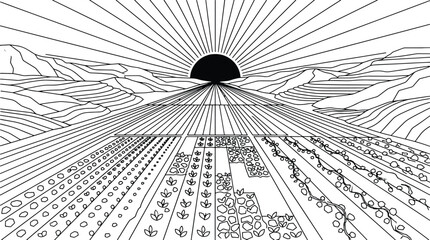 Agricultural landscape with crop fields extending towards a horizon sun line art perspective agriculture landscape perspective farmland monochrome illustration cultivation countryside © Kanon Islam