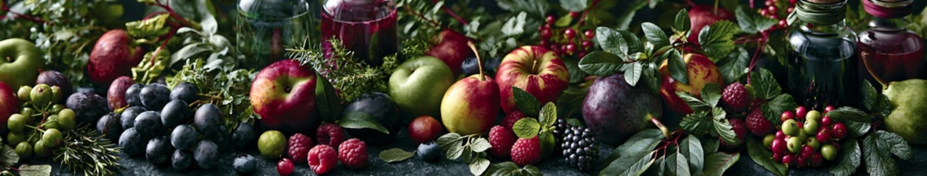 Late summer still life of apples, pears, plums, grapes and mixed berries with herbs and glass bottles on dark stone