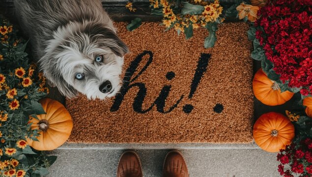 Fluffy dog sitting on a welcome mat with hi text surrounded by pumpkins and autumn flowers at front door