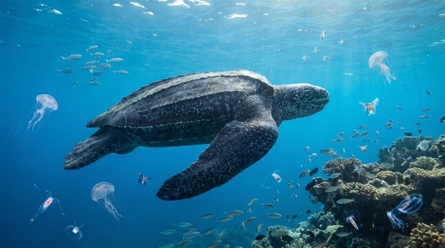 Majestic sea turtle swimming in vibrant coral reef ecosystem