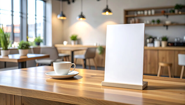 Blank white menu or advertisement stand on a wooden table in a modern cafe interior, ready for text or graphics