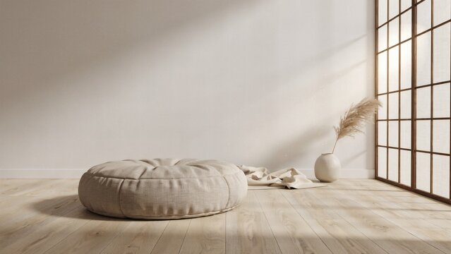 Serene minimalist interior with beige floor cushion, vase with pampas grass, and natural light
