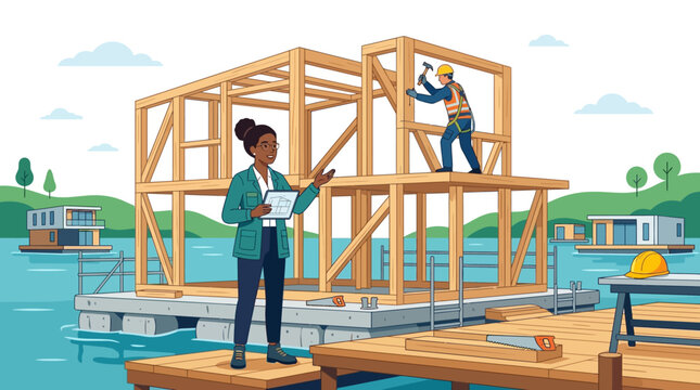 Architect and worker building modern floating wooden house on water vector illustration