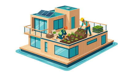 Obraz premium Isometric Illustration of Workers Installing Green Roof and Solar Panels on Sustainable Floating House