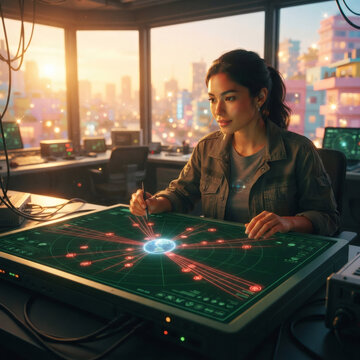 A dark green digital radar grid screen. Multiple small glowing red hazard icons moving along vector paths toward a central planet symbol, asteroid tracking and planetary defense warning system concept