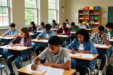Obraz premium Teenage students focus on exam papers at desks in a classroom setting. Diverse group of kids write answers during a test. Education learning at school interior. Young people study.