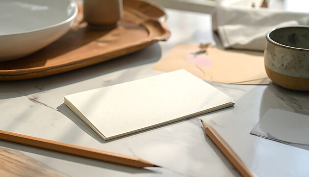 Blank textured card and pencils on marble surface, flat lay composition, natural light, copy space for text