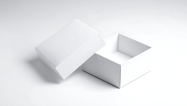 An open white cardboard box with its lid tilted to the side, on a seamless white background, perfect for product packaging mockups and e-commerce.