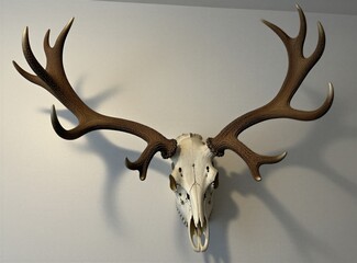 Fototapeta premium Large elk antlers and skull mounted on a plain white wall. Natural light creates subtle shadows on this animal head display. A trophy, it symbolizes the wild.