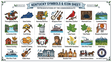 Fototapeta premium Kentucky State Symbols Icon Sheet Featuring Commonwealth Culture and Heritage Illustrations