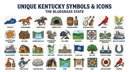 Fototapeta premium Unique Kentucky State Symbols and Cultural Icons Illustration Sheet Featuring Bluegrass Region Heritage Elements