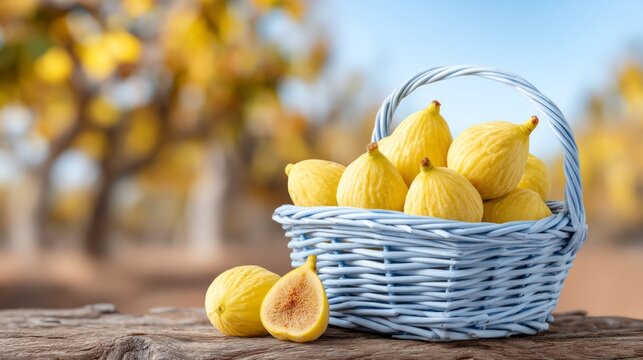 Fresh ripe yellow fig fruit in white wicker basket on wooden table