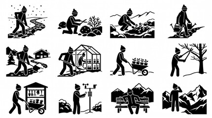 Fototapeta premium Black and white stick figure icons depicting outdoor seasonal gardening, landscaping, and property maintenance tasks like shoveling snow and pruning