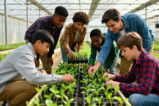 Group of diverse teenagers, teacher work in greenhouse nursery. Young students plant vegetables in small pots for agricultural class. Happy children learn gardening skills, ecology during educational