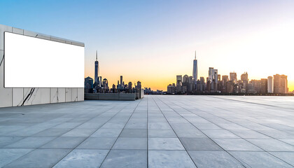 Obraz premium Blank billboard on a modern city rooftop terrace overlooking skyline at sunset, advertising space concept