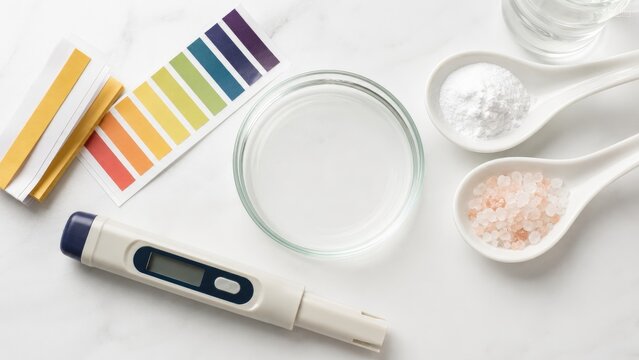 PH testing setup with pH strips and color chart, digital pH meter, glass dish of clear solution, white powder and pink salt in spoons on a marble surface